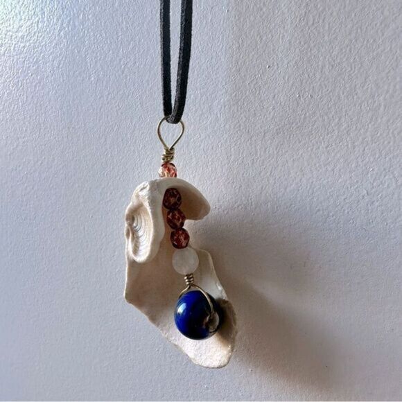 Shell long necklace with blue bead bohemian beach handmade 90s y2k hippie flowy - Picture 2 of 3